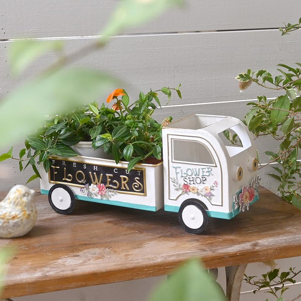 Farmhouse Small Flower Cart Metal Truck Decor Wagon Planters for Outdoor Plants Decorative Planters Vintage Indoor Plant Cart for Patio Garden Balcony White