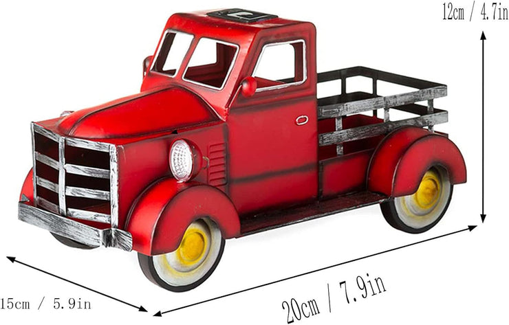 Solar Pickup Truck Garden Decor, Retro Style Flower Pot with Car Light, Small Truck Planter, Metal Planter Decoration for Outdoor Garden Desktop Ornaments (Red)