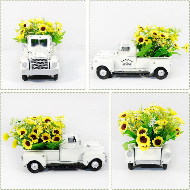 White Vintage Truck Decor with Sunflowers Artificial Flowers, Metal Truck Decor with LED String Lights for Tiered Tray Decor Items Mini Sunflower Decor Rustic Home Decor Farmhouse Table Decor