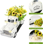 White Vintage Truck Decor with Sunflowers Artificial Flowers, Metal Truck Decor with LED String Lights for Tiered Tray Decor Items Mini Sunflower Decor Rustic Home Decor Farmhouse Table Decor