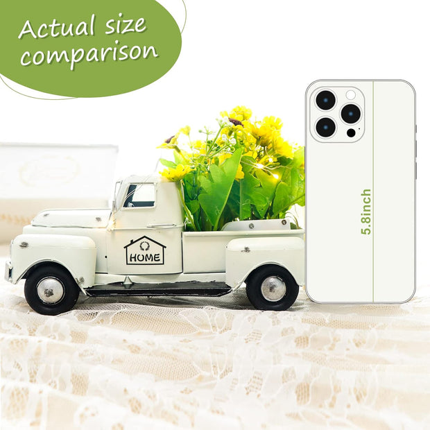 White Vintage Truck Decor with Sunflowers Artificial Flowers, Metal Truck Decor with LED String Lights for Tiered Tray Decor Items Mini Sunflower Decor Rustic Home Decor Farmhouse Table Decor