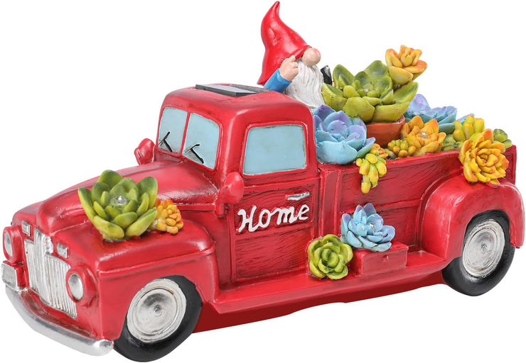 Garden Statue Outdoor Decor, Red Truck Gnome Solar Garden Statues with Succulent Decorations, Resin Car Gnome Outdoor Statues for Garden Courtyard Lawn Yard Christmas Decor