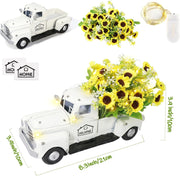 White Vintage Truck Decor with Sunflowers Artificial Flowers, Metal Truck Decor with LED String Lights for Tiered Tray Decor Items Mini Sunflower Decor Rustic Home Decor Farmhouse Table Decor