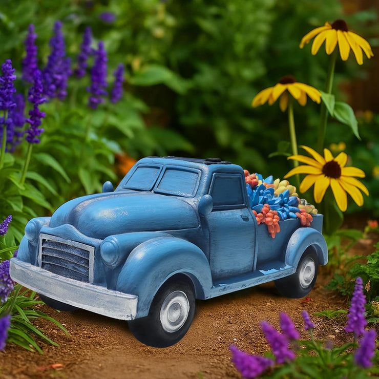 Garden Décor Outdoor Solar Lights, Blue Resin Truck Statue with Succulen Patio Lights for Home Décor, 8 LED Lights Solar Statues for Garden, Balcony, Yard Ornament, 9.6 x 4.7 x 4.3 inches