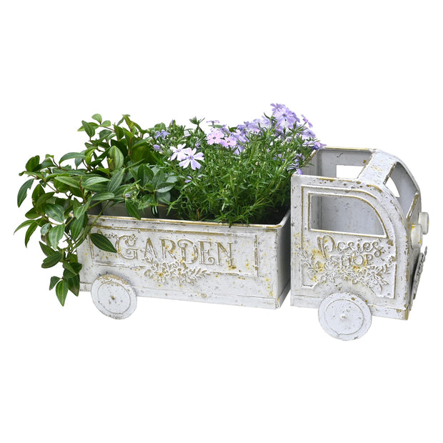 Farmhouse Small Flower Cart Metal Truck Decor Wagon Planters for Outdoor Plants Decorative Planters Vintage Indoor Plant Cart for Patio Garden Balcony White