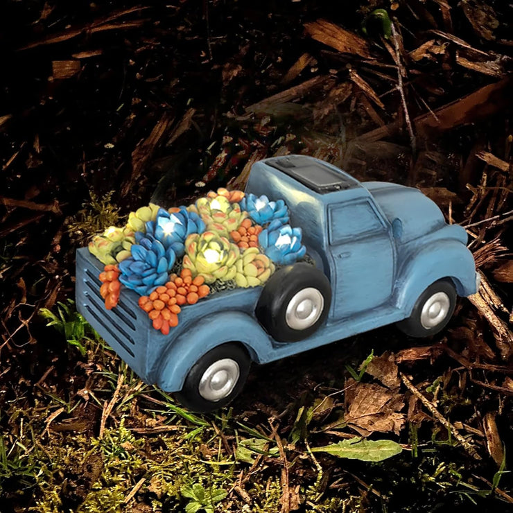 Garden Décor Outdoor Solar Lights, Blue Resin Truck Statue with Succulen Patio Lights for Home Décor, 8 LED Lights Solar Statues for Garden, Balcony, Yard Ornament, 9.6 x 4.7 x 4.3 inches
