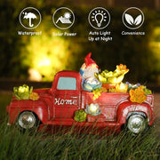 Garden Statue Outdoor Decor, Red Truck Gnome Solar Garden Statues with Succulent Decorations, Resin Car Gnome Outdoor Statues for Garden Courtyard Lawn Yard Christmas Decor