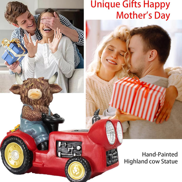 Solar Highland Cow Driving Car Garden Decor Statue, Outdoor Solar Light Decoration for Yard, Patio, Housewarming, Lawn, Birthday Gift for Women, Mom