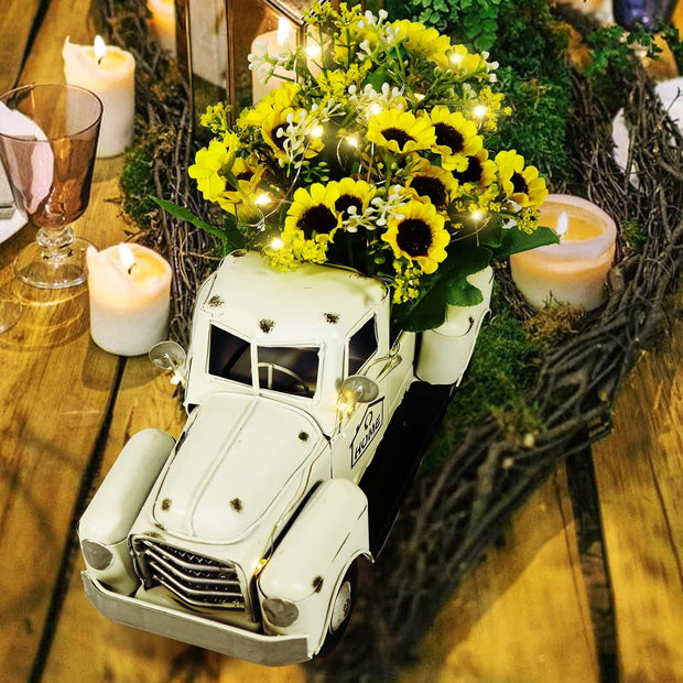 White Vintage Truck Decor with Sunflowers Artificial Flowers, Metal Truck Decor with LED String Lights for Tiered Tray Decor Items Mini Sunflower Decor Rustic Home Decor Farmhouse Table Decor